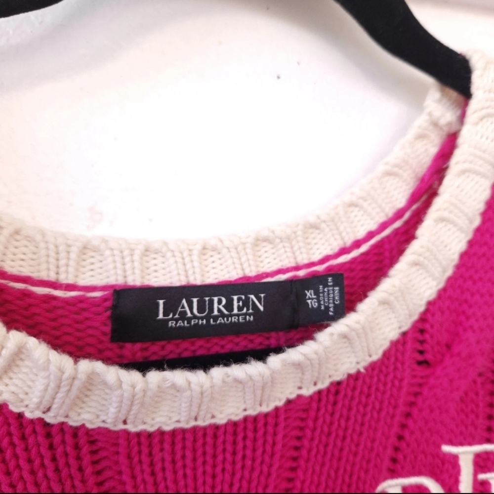 Lauren Ralph Lauren Vibrant Pink White Logo Monogram Cable Knit Sweater Sz XLT - Picture 3 of 3